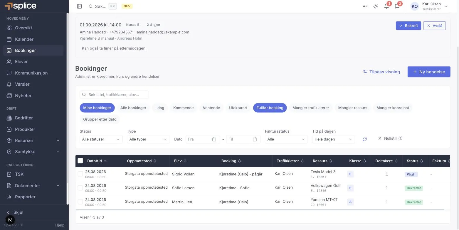 Bookinglisten med hurtigfilteret Fullfør booking aktivt og tre bookinger som venter