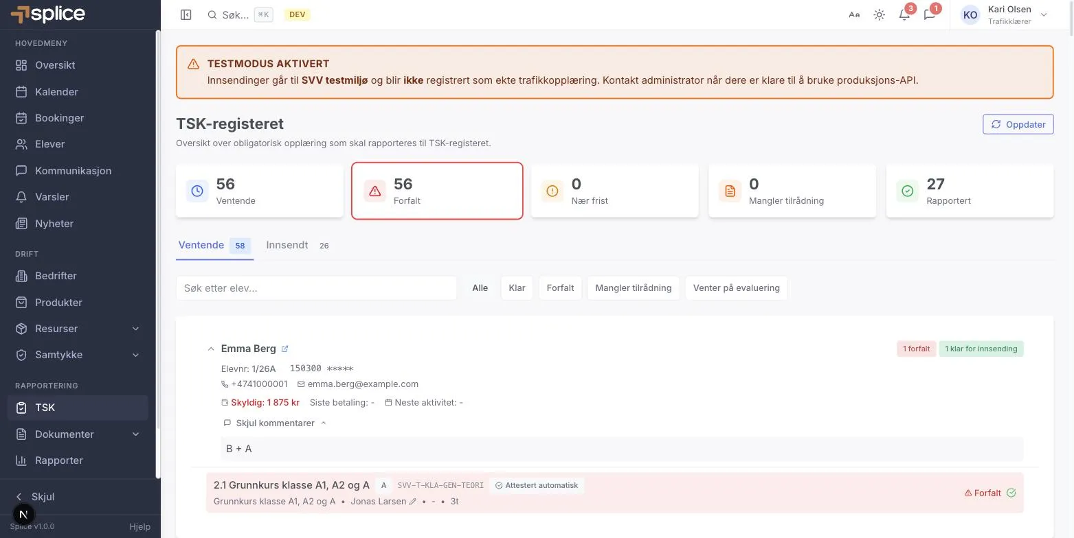 TSK-registeret med statuskort, faner og filtre
