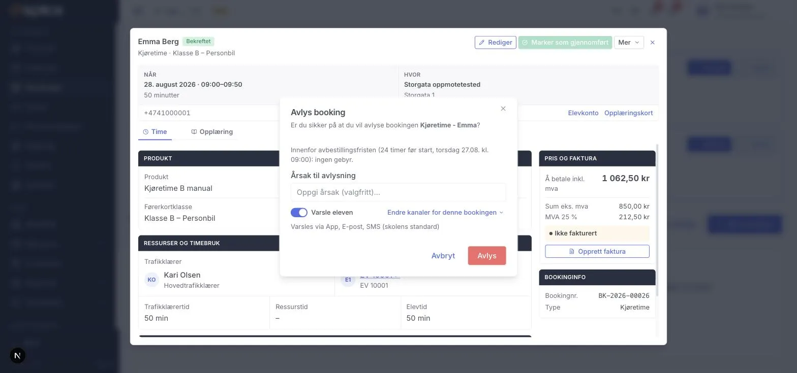 Dialogen Avlys booking med avbestillingsfrist, årsak og varsling